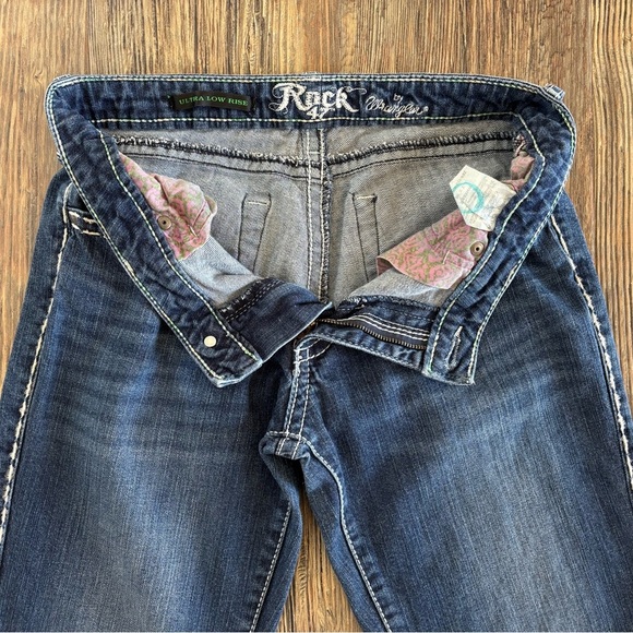 Wrangler Rock 47 Ultra Low Rise Jeans 7x36 Western Biker Thick Stitch Whiskering - Picture 13 of 14